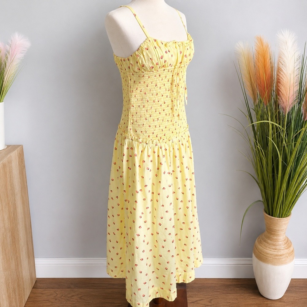 Free People NEW Lavender Daze Strawberry Butter Yellow Smocked Midi Dress Small - Picture 3 of 12